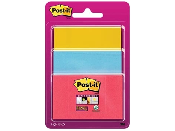 Een Post-it Super Sticky notes, 45 vel, 3 formaten, geassorteerde kleuren , op blister koop je bij Muys Kantoor & Kado