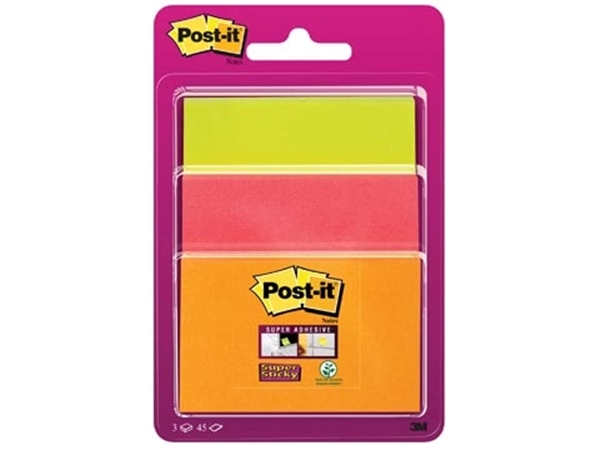 Een Post-it Super Sticky notes, 45 vel, 3 formaten, geassorteerde neon kleuren , op blister koop je bij Muys Kantoor & Kado