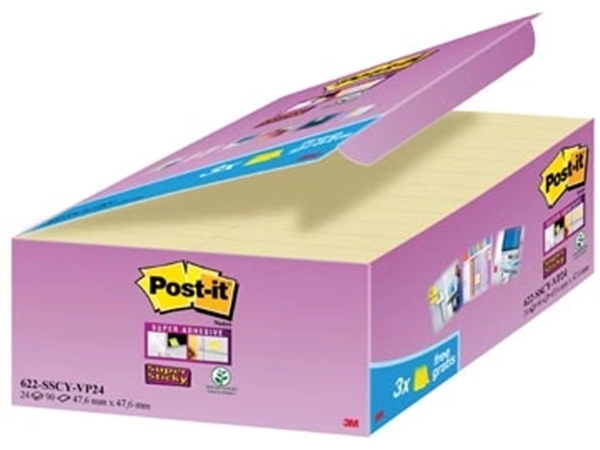 Een Post-it Super Sticky notes, 90 vel, ft 47,6 x 47,6 mm, geel, pak van 21 + 3 GRATIS koop je bij Muys Kantoor & Kado