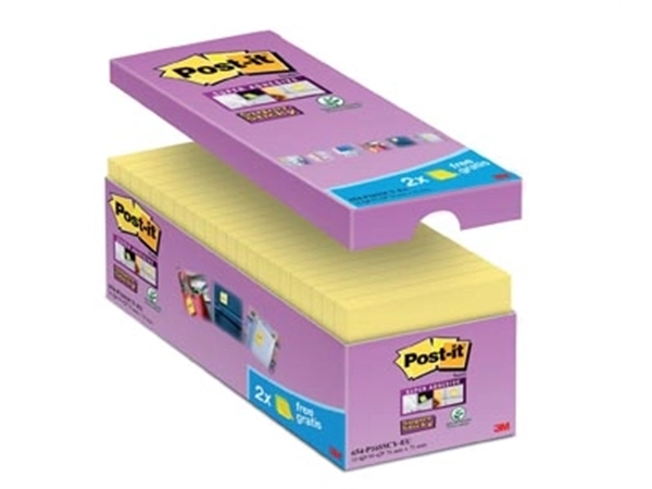 Een Post-it Super Sticky notes, 90 vel, ft 76 x 76 mm, geel, pak van 14 blokken + 2 gratis koop je bij Muys Kantoor & Kado