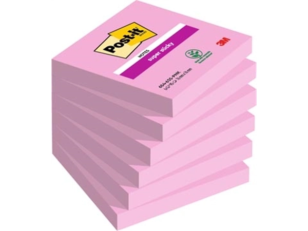 Een Post-it Super Sticky notes, 90 vel, ft 76 x 76 mm, pak van 6 blokken, roze (tropical pink) koop je bij Muys Kantoor & Kado