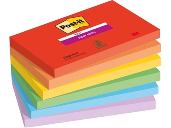 Een Post-it Super Sticky notes Playful, 90 vel, ft 76 x 127 mm, geassorteerde kleuren, pak van 6 blokken koop je bij Muys Kantoor & Kado