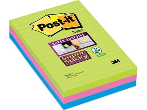 Een Post-it Super Sticky notes XXL, 90 vel, ft 102 x 152 mm, geassorteerde kleuren, pak van 3 blokken koop je bij Muys Kantoor & Kado