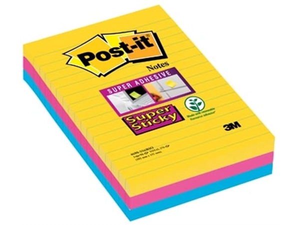 Een Post-it Super Sticky notes XXL Carnival, 90 vel, ft 101 X 152 mm, gelijnd, geassorteerde kleuren, pak van koop je bij Muys Kantoor & Kado