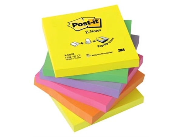 Een Post-it Z-notes, 100 vel, ft 76 x 76 mm, neonkleuren, pak van 6 stuks koop je bij Muys Kantoor & Kado