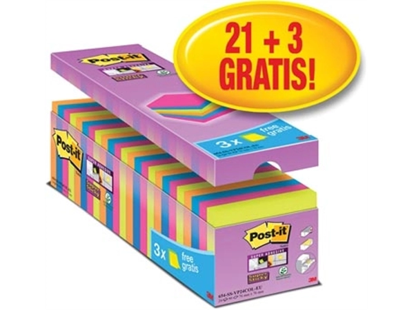 Een Post-it super Sticky notes, 90 vel, ft 76 x 76 mm, geassorteerde kleuren, pak van 21 blokken + 3 gratis koop je bij Muys Kantoor & Kado