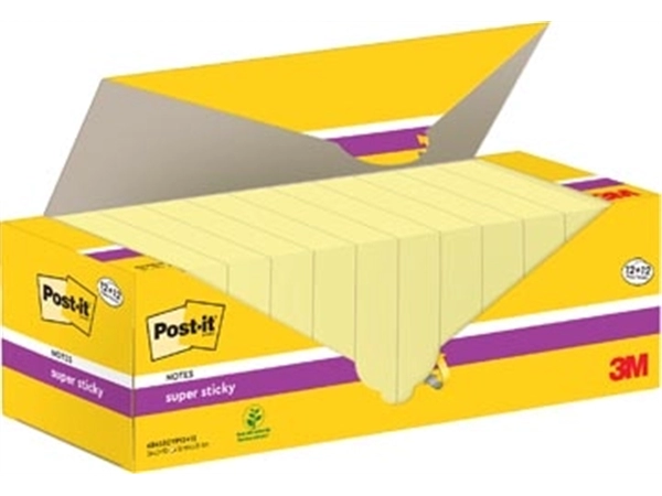 Een Post-it super Sticky notes, 90 vel, ft 76 x 76 mm, geel, pak van 12 blokken + 12 gratis koop je bij Muys Kantoor & Kado