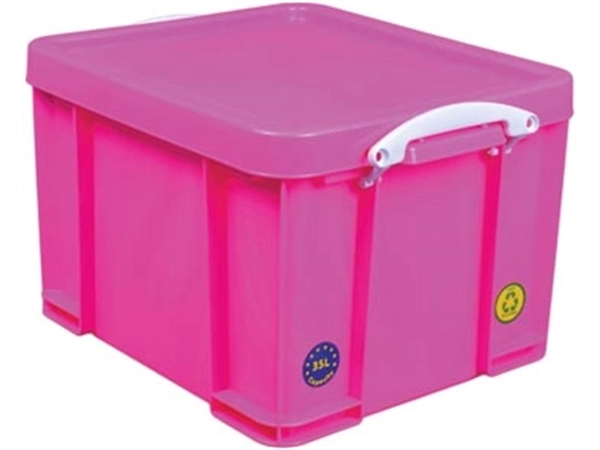 Een Really Useful Box opbergdoos 35 liter, neonroze met witte handvaten koop je bij Muys Kantoor & Kado