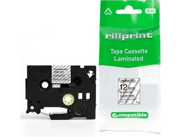 Een Rillprint compatible TZe tape voor Brother TZe-131, 12 mm, zwart op transparant koop je bij Muys Kantoor & Kado