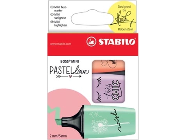 Een STABILO BOSS MINI Pastellove markeerstift, doosje van 3 stuks in geassorteerde pastelkleuren koop je bij Muys Kantoor & Kado