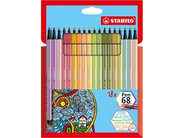 Een STABILO Pen 68 viltstift, kartonnen etui van 18 stuks in geassorteerde zachte kleuren koop je bij Muys Kantoor & Kado