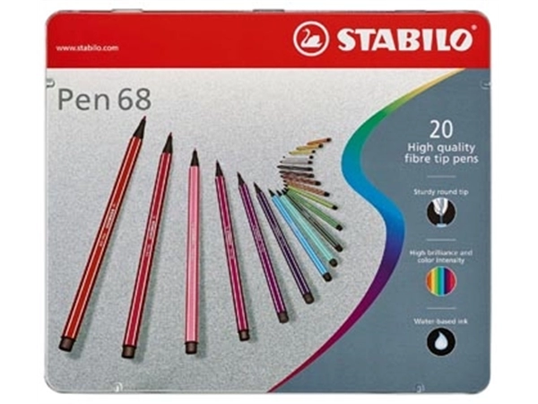 Een STABILO Pen 68 viltstift, metalen doos van 20 stiften in geassorteerde kleuren koop je bij Muys Kantoor & Kado