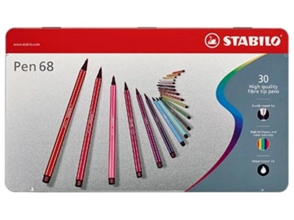 Een STABILO Pen 68 viltstift, metalen doos van 30 stiften in geassorteerde kleuren koop je bij Muys Kantoor & Kado