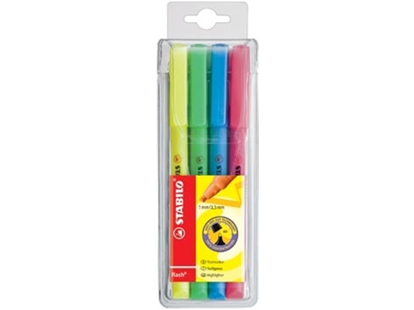 Een STABILO flash markeerstift, etui van 4 stuks in geassorteerde kleuren koop je bij Muys Kantoor & Kado