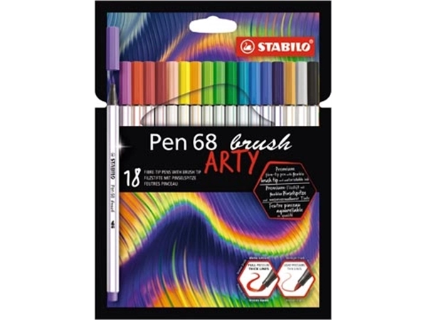 Een STABILO pen 68 brush ARTY, etui van 18 stuks, assorti koop je bij Muys Kantoor & Kado