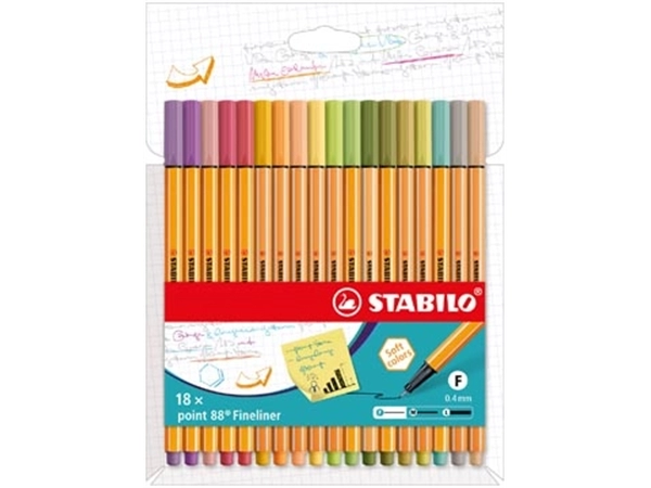 Een STABILO point 88 fineliner, kartonnen etui van 18 stuks in geassorteerde zachte kleuren koop je bij Muys Kantoor & Kado