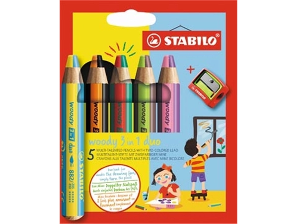 Een STABILO woody 3in1 duo kleurpotlood, etui van 5 stuks, assorti koop je bij Muys Kantoor & Kado