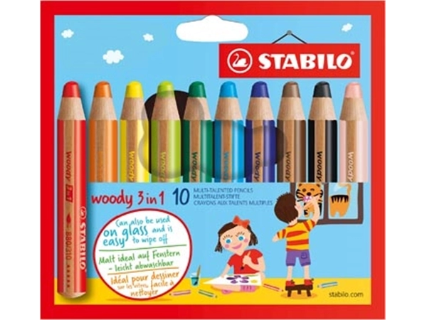 Een STABILO woody 3in1 kleurpotlood, etui van 10 stuks, assorti koop je bij Muys Kantoor & Kado