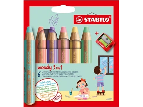 Een STABILO woody 3in1 kleurpotlood, etui van 6 stuks in pastel kleuren koop je bij Muys Kantoor & Kado