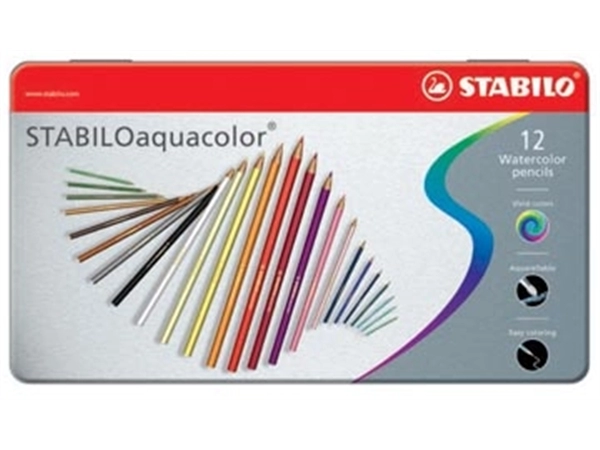 Een STABILOaquacolor kleurpotlood, metalen doos van 12 stuks in geassorteerde kleuren koop je bij Muys Kantoor & Kado