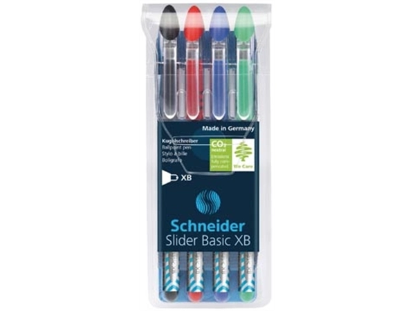 Een Schneider Balpen Slider Basic XB, etui van 4 stuks (3+1 gratis) in geassorteerde kleuren koop je bij Muys Kantoor & Kado