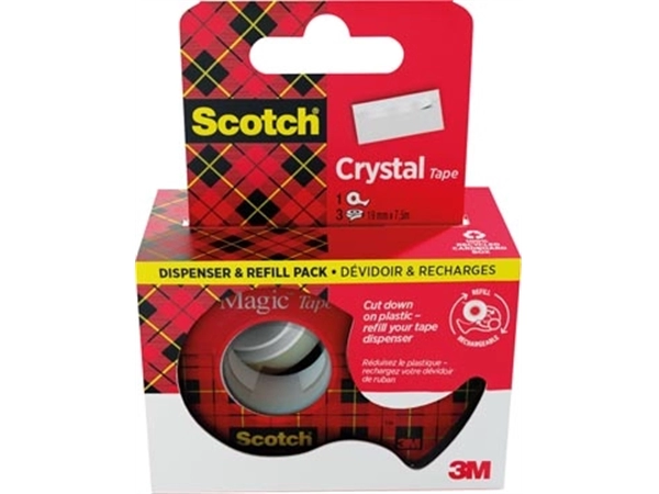 Een Scotch Crystal Tape plakband ft 19 mm x 7,5 m, dispenser + 3 rolletjes, ophangbaar doosje koop je bij Muys Kantoor & Kado