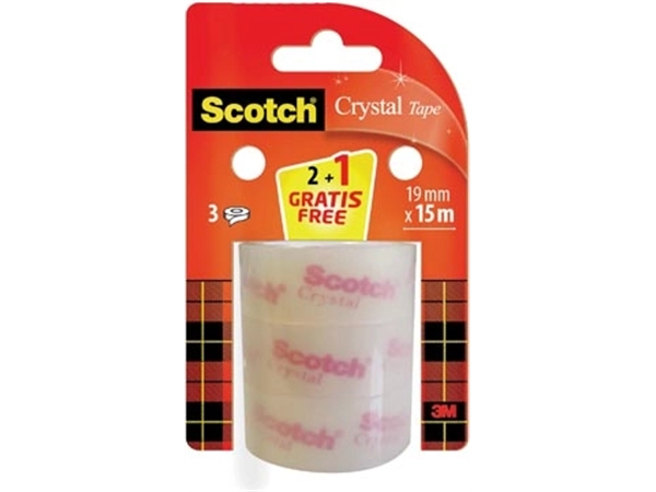 Een Scotch Crystal tape, 19 mm x 15 m,2 rollen + 1 gratis koop je bij Muys Kantoor & Kado