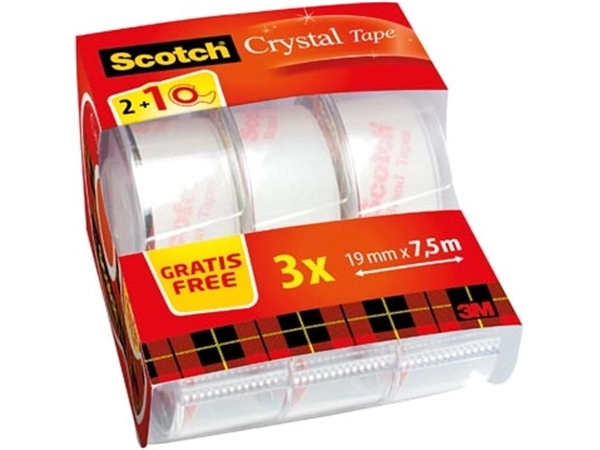 Een Scotch Crystal tape, rekverpakking, 19 mm x 7.5 m, 2 rollen + 1 gratis koop je bij Muys Kantoor & Kado