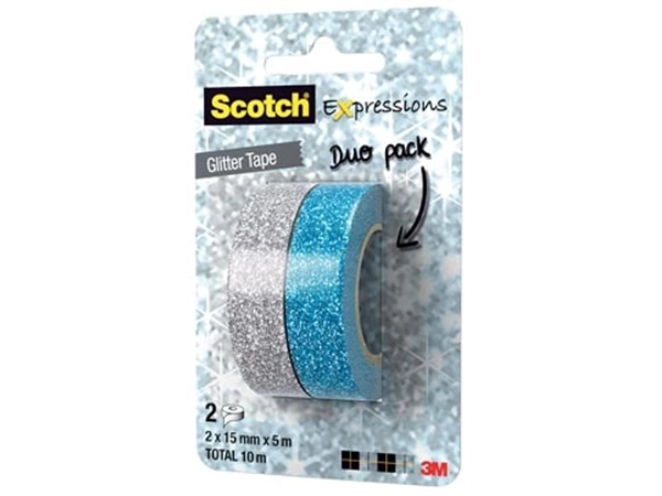 Een Scotch Expressions glitter tape, 15 mm x 5 m, blister met 2 stuks in geassorteerde kleuren koop je bij Muys Kantoor & Kado