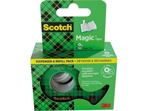 Een Scotch Magic Tape plakband ft 19 mm x 7,5 m, dispenser + 3 rolletjes, ophangbaar doosje koop je bij Muys Kantoor & Kado