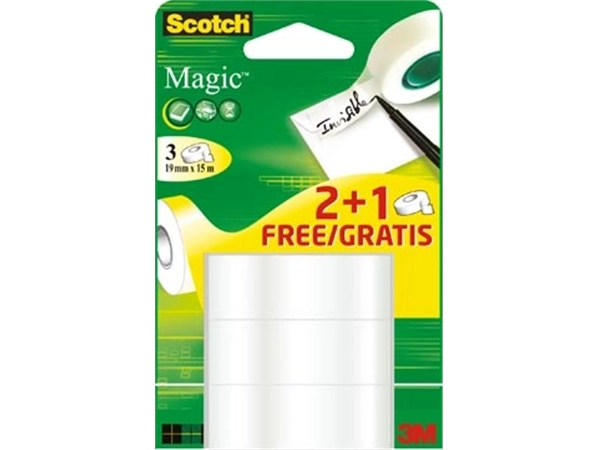 Een Scotch Magic plakband Ft 19 mm x 15 m 2 + 1 gratis koop je bij Muys Kantoor & Kado