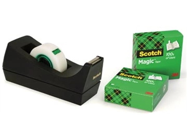 Een Scotch plakbandafroller C38 zwart, inclusief 3 rolletjes (19 x 33 mm) koop je bij Muys Kantoor & Kado