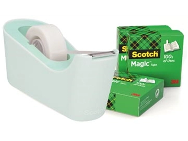 Een Scotch verzwaarde plakbandafroller inclusief 4 rollen Scotch magic tape, muntgroen koop je bij Muys Kantoor & Kado