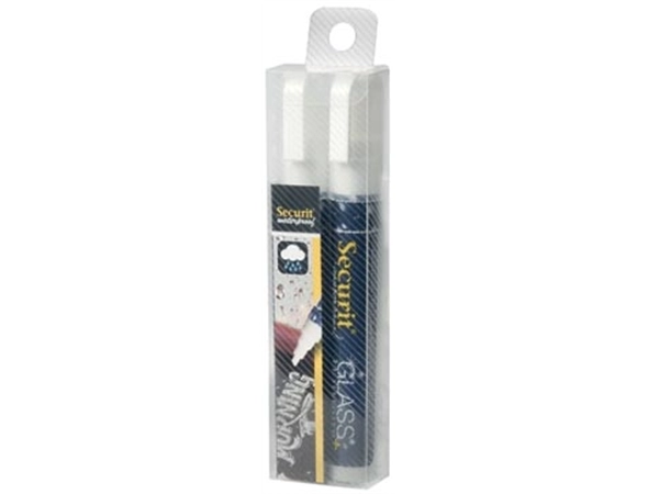 Een Securit Waterproof krijtmarker medium wit, blister met 2 stuks koop je bij Muys Kantoor & Kado