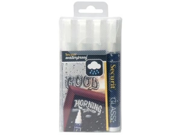 Een Securit Waterproof krijtmarker medium wit, blister met 4 stuks koop je bij Muys Kantoor & Kado