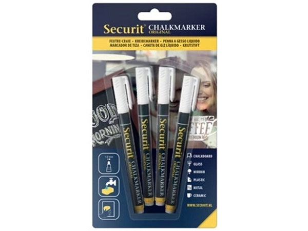 Een Securit krijtmarker small wit, blister met 4 stuks koop je bij Muys Kantoor & Kado