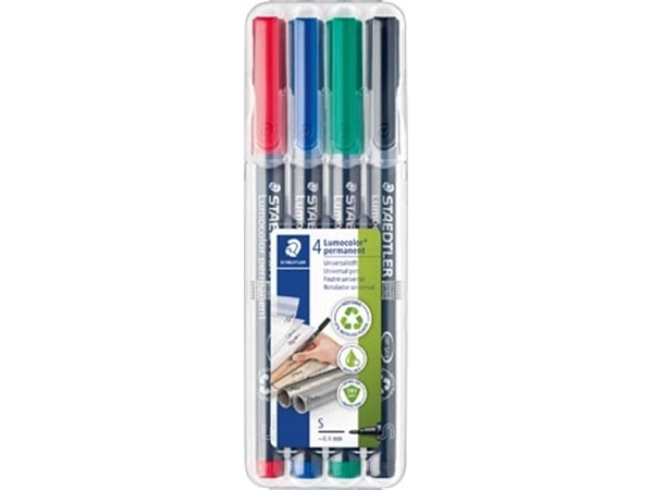 Een Staedtler Lumocoler 313, OHP-marker, permanent, 0,4 mm, etui van 4 stuks in geassorteerde kleuren koop je bij Muys Kantoor & Kado