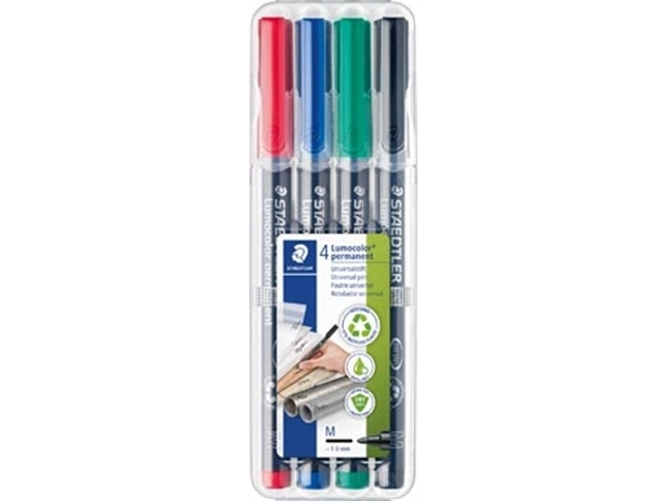 Een Staedtler Lumocolor 317, OHP-marker, permanent, 1,0 mm, box van 4 stuks in geassorteerde kleuren koop je bij Muys Kantoor & Kado