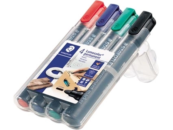 Een Staedtler Lumocolor 352, permanent marker, ronde punt, 2 mm, etui van 4 stuks in geassorteerde kleuren koop je bij Muys Kantoor & Kado