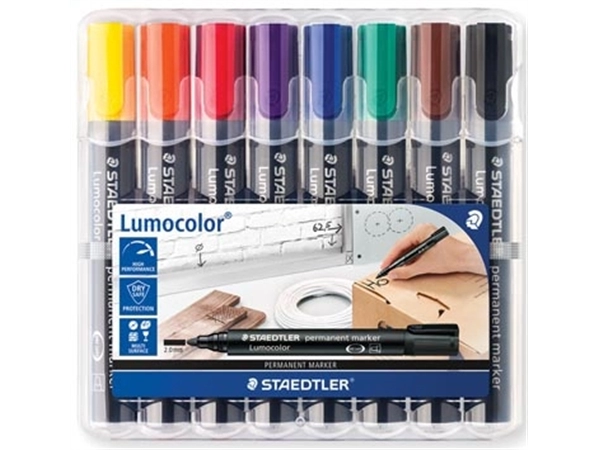 Een Staedtler Lumocolor 352, permanent marker, ronde punt, 2 mm, etui van 8 stuks in geassorteerde kleuren koop je bij Muys Kantoor & Kado