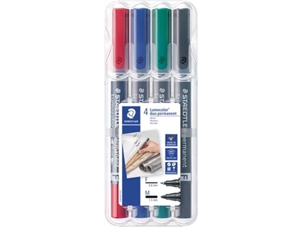 Een Staedtler Lumocolor Duo 348, permanent marker, doos van 4 stuks in geassorteerde kleuren koop je bij Muys Kantoor & Kado