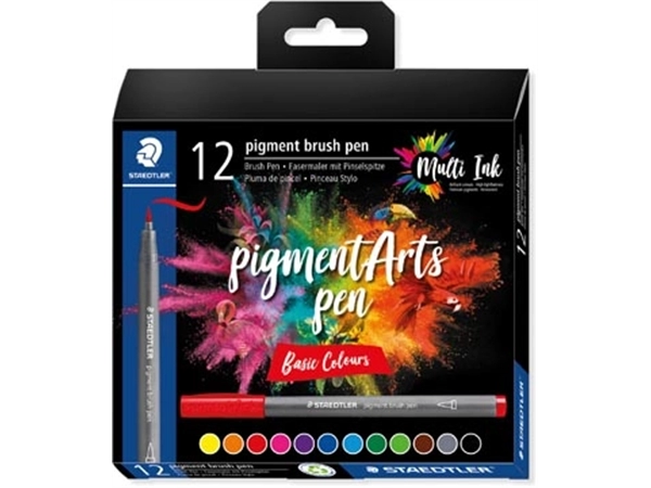 Een Staedtler Pigment Arts brush pen, etui van 12 stuks, Basic Colours koop je bij Muys Kantoor & Kado