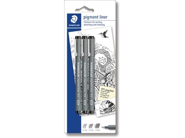 Een Staedtler fineliner Pigment Liner blister van 3 stuks: 0,1; 0,3 en 0,5 mm koop je bij Muys Kantoor & Kado