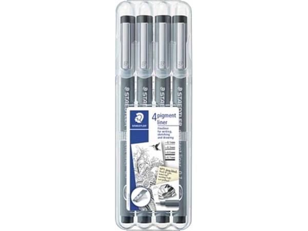 Een Staedtler fineliner Pigment Liner opstelbare box met 4 stuks (0,1 - 0,3 - 0,5 en 0,7 mm) koop je bij Muys Kantoor & Kado