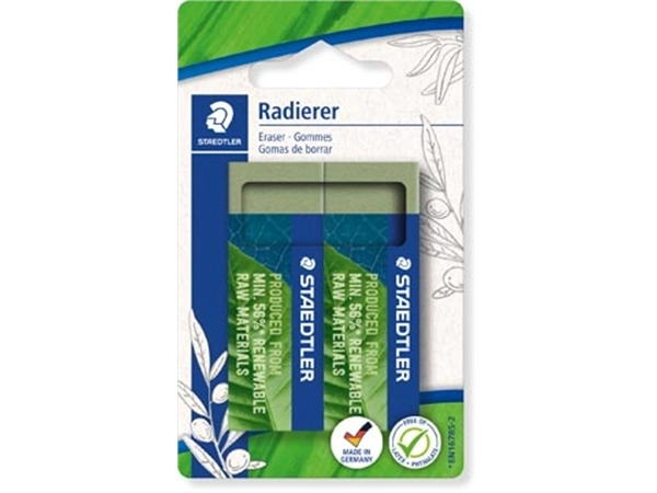 Een Staedtler gum Eco, olijfgroen, ft 65 x 23 x 13 mm, blister van 2 stuks koop je bij Muys Kantoor & Kado