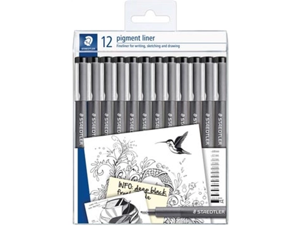 Een Staedtler pigment liner fineliner, verschillende schrijfbreedtes, set van 12 stuks, zwart koop je bij Muys Kantoor & Kado