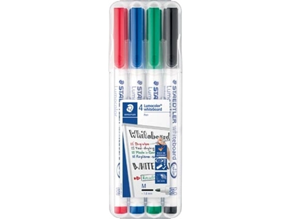 Een Staedtler whiteboard pen Lumocolor Pen, opstelbare box met 4 stuks in geassorteerde kleuren koop je bij Muys Kantoor & Kado