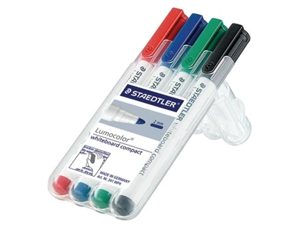 Een Staedtler whiteboardmarker Lumocolor Compact opstelbare box met 4 stuks in geassorteerde kleuren koop je bij Muys Kantoor & Kado