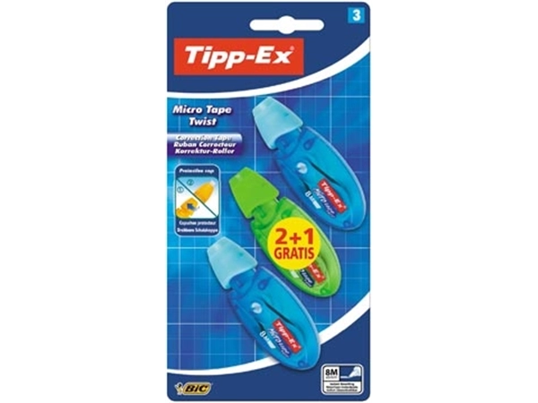 Een Tipp-Ex correctieoller Micro Tape Twist blauw en groen, blister 2+1 gratis koop je bij Muys Kantoor & Kado