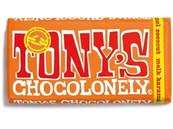 Een Tony's Chocolonely chocoladereep, 180g, karamel zeezout koop je bij Muys Kantoor & Kado